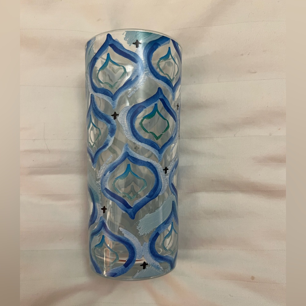 Blue Teal Paisley Glass Cylinder Vase Candle Holder Hand Painted 5.5 Inch